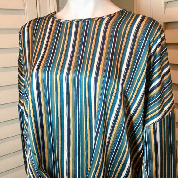 Umgee Teal Satin Hi Low Striped Top, S-M - Picture 3 of 8